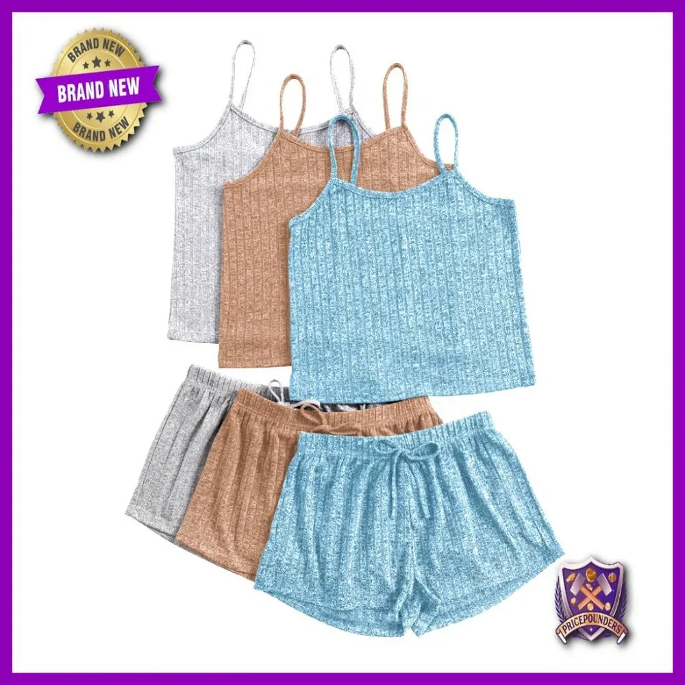 Medium Ribbed Pajama Set Sleeveless Crop Top Shorts Lounge Sleepwear